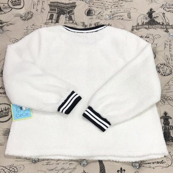 CeCe Striped-Trim Crewneck Teddy Sweater - Picture 5 of 6